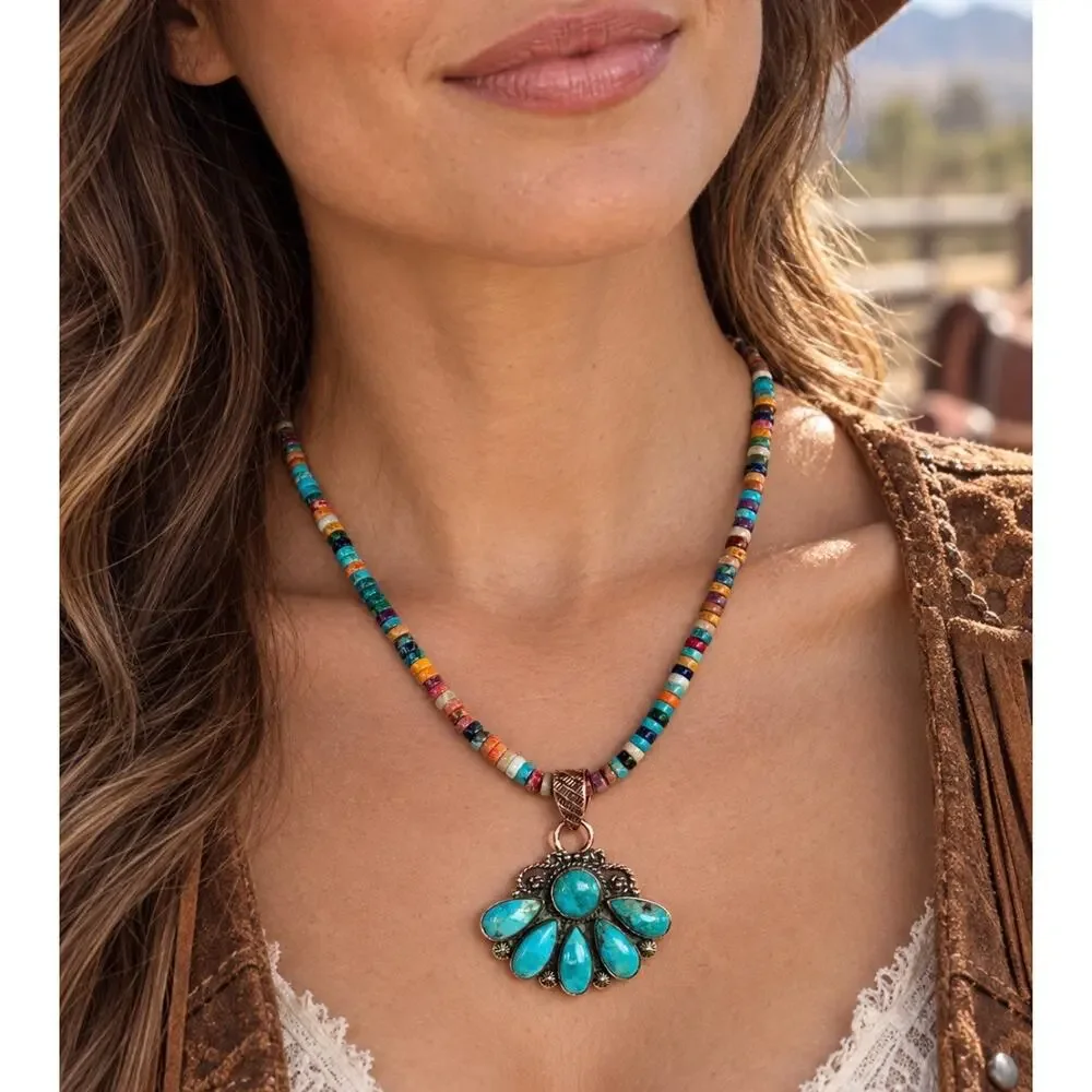 Mojave Turquoise Copper Fan Pendant Heishi Necklace – 18